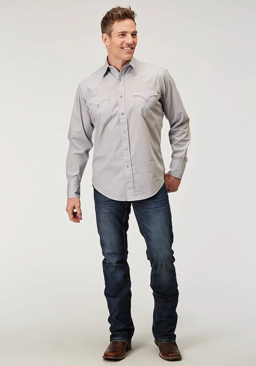 Statement Maker Unisex style Roper Mens 1916 Solid Poplin Grey 100% Cotton Snap L/S Shirt