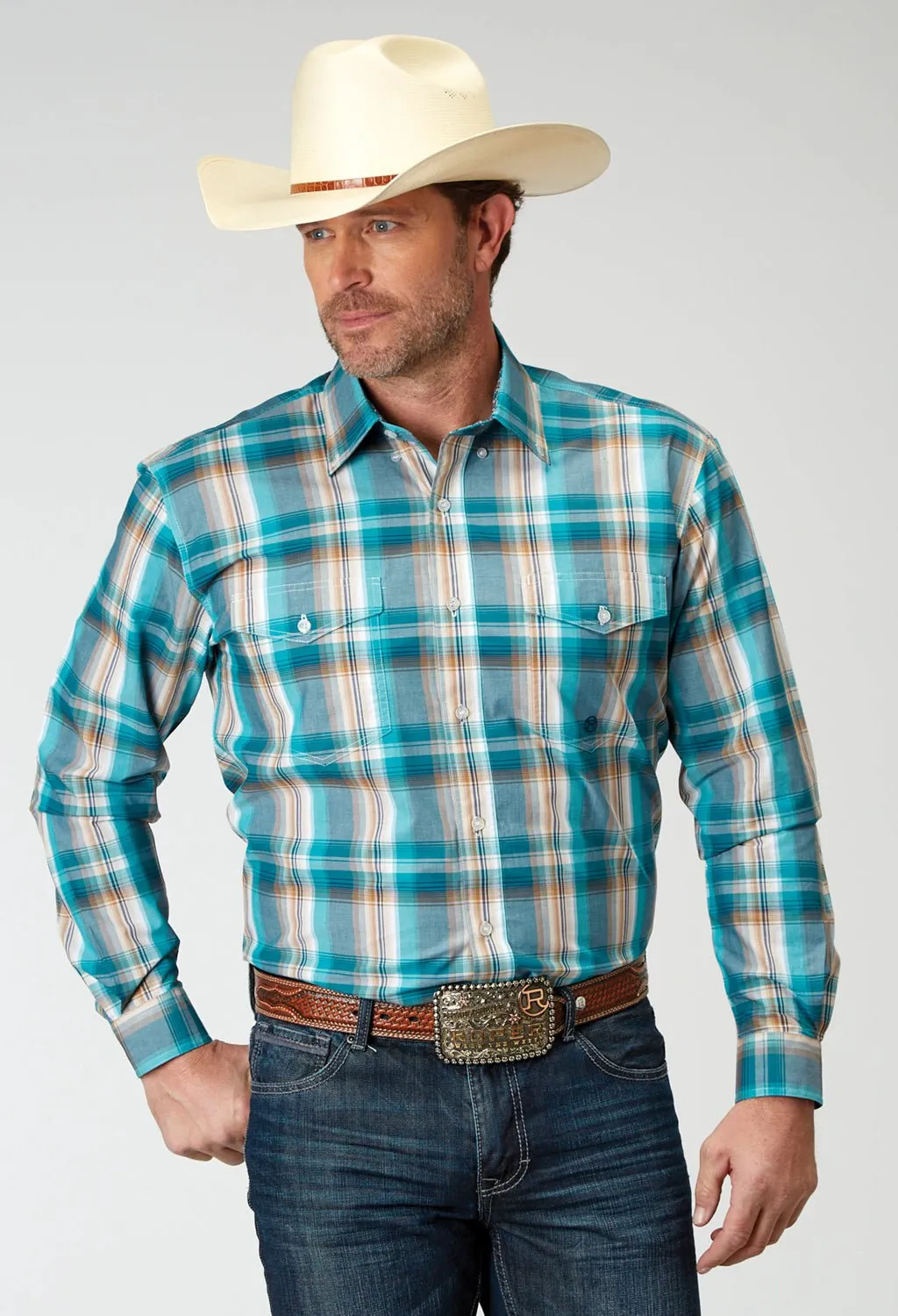 Reinforced Seams Roper Mens 1939 Waters Edge Multi-Color 100% Cotton Btn L/S Shirt