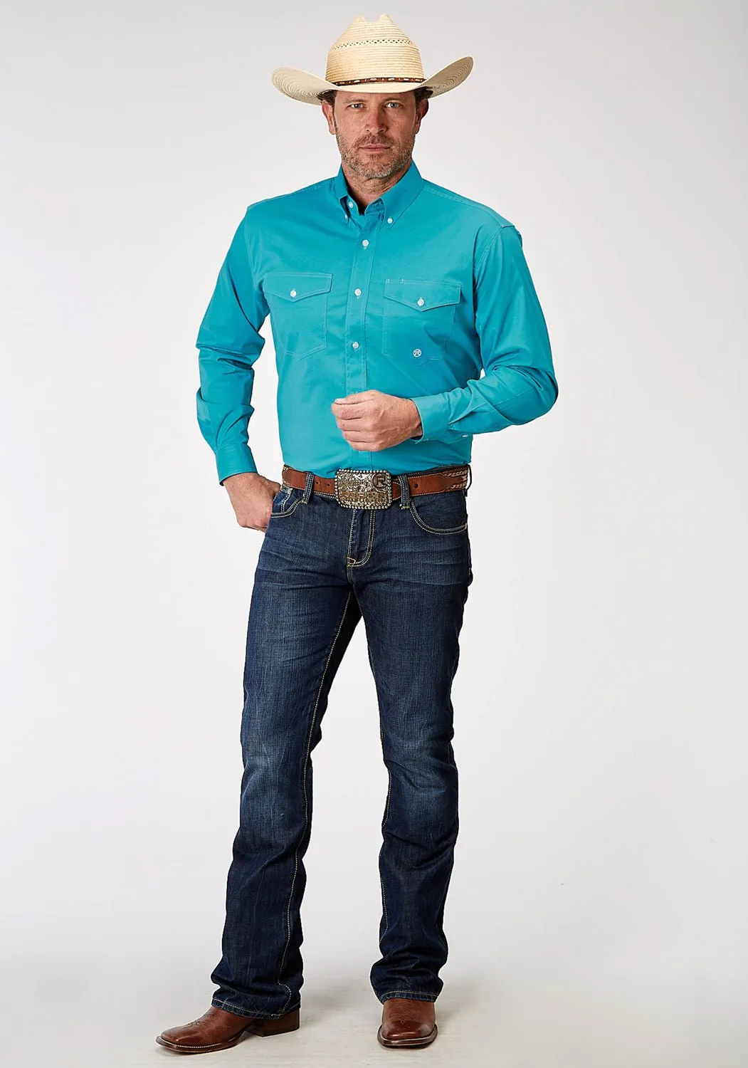 Summer Camp Roper Mens 1943 Solid Poplin Turquoise Cotton Blend Btn L/S Shirt