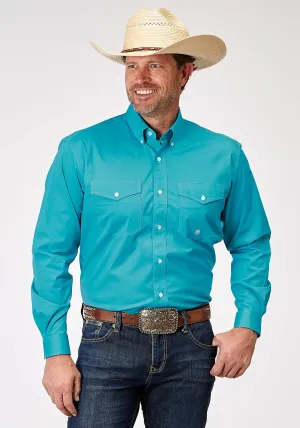 Roper Mens 1943 Solid Poplin Turquoise Cotton Blend Btn L/S Shirt Active Look Quick Release Cuffs Roper Mens 1943 Solid Poplin Turquoise Cotton Blend Btn L/S Shirt