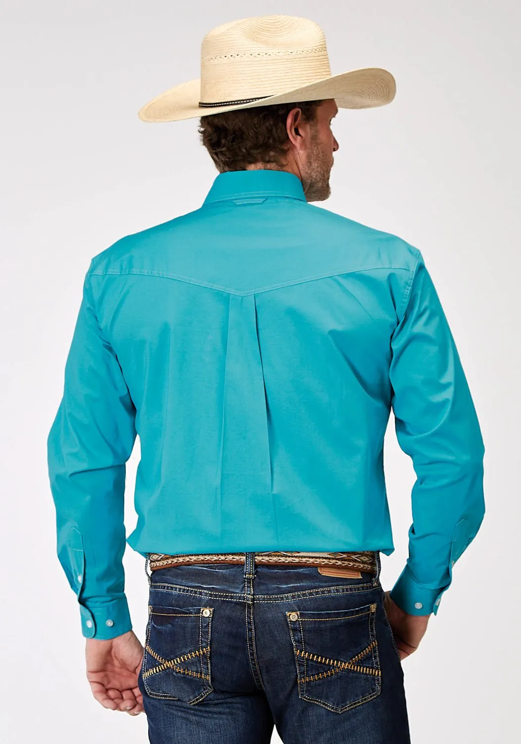 Roper Mens 1943 Solid Poplin Turquoise Cotton Blend Btn L/S Shirt Fashion Choice Trendy Comfort