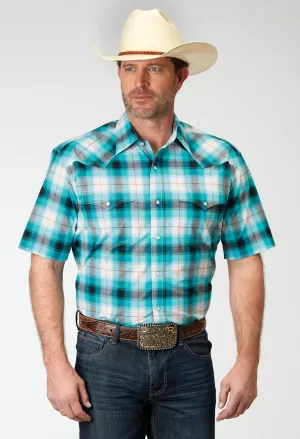 Roper Mens 1945 Stretch Poplin Turquoise Cotton Blend Plaid S/S Shirt Layered Ventilation Panels Roper Mens 1945 Stretch Poplin Turquoise Cotton Blend Plaid S/S Shirt Athletic Look Essential Layer