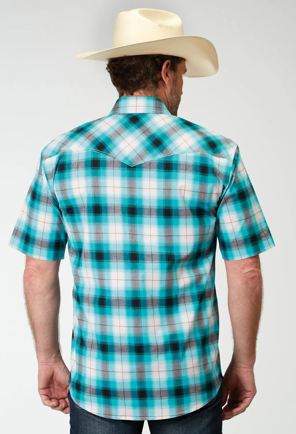 Roper Mens 1945 Stretch Poplin Turquoise Cotton Blend Plaid S/S Shirt Embroidered Logo Everyday Comfort