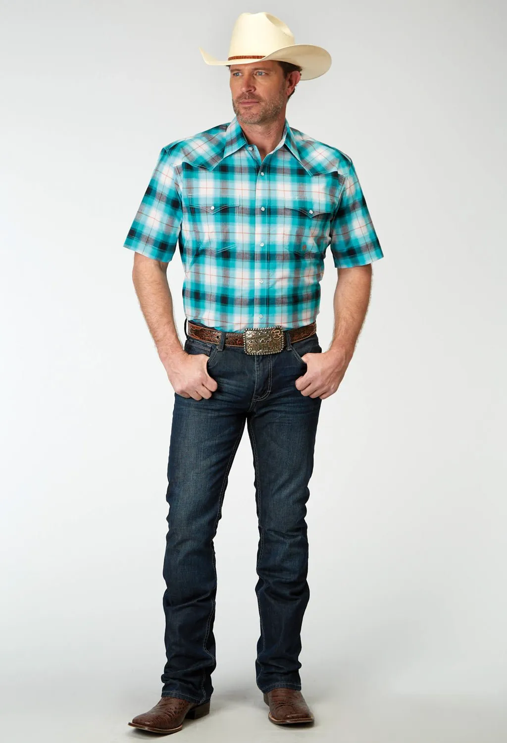 Roper Mens 1945 Stretch Poplin Turquoise Cotton Blend Plaid S/S Shirt Casual Friday Soft Feel