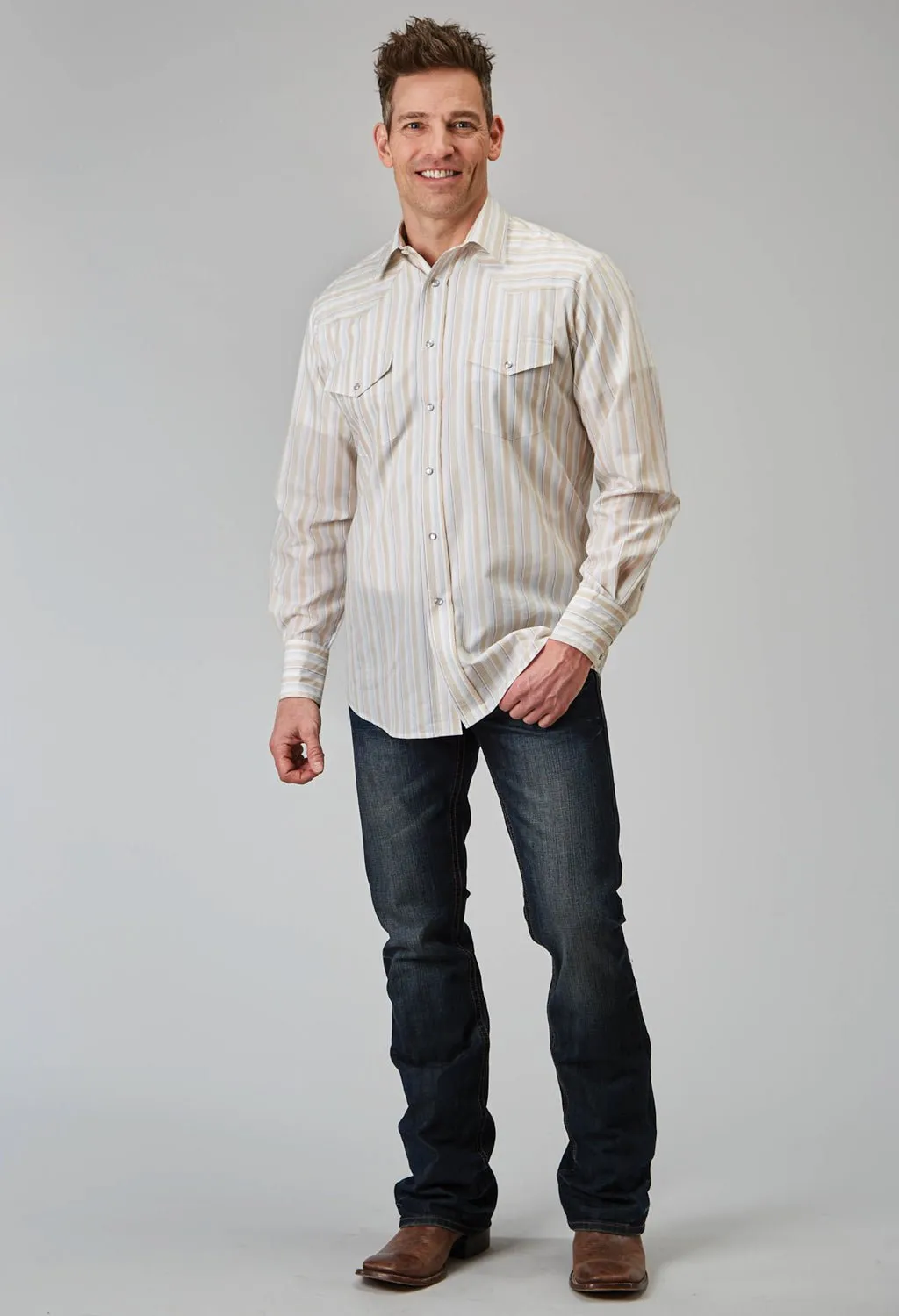 Thermoregulating Layer Roper Mens 1961 Neutral Stripe White Poly/Cotton L/S Shirt