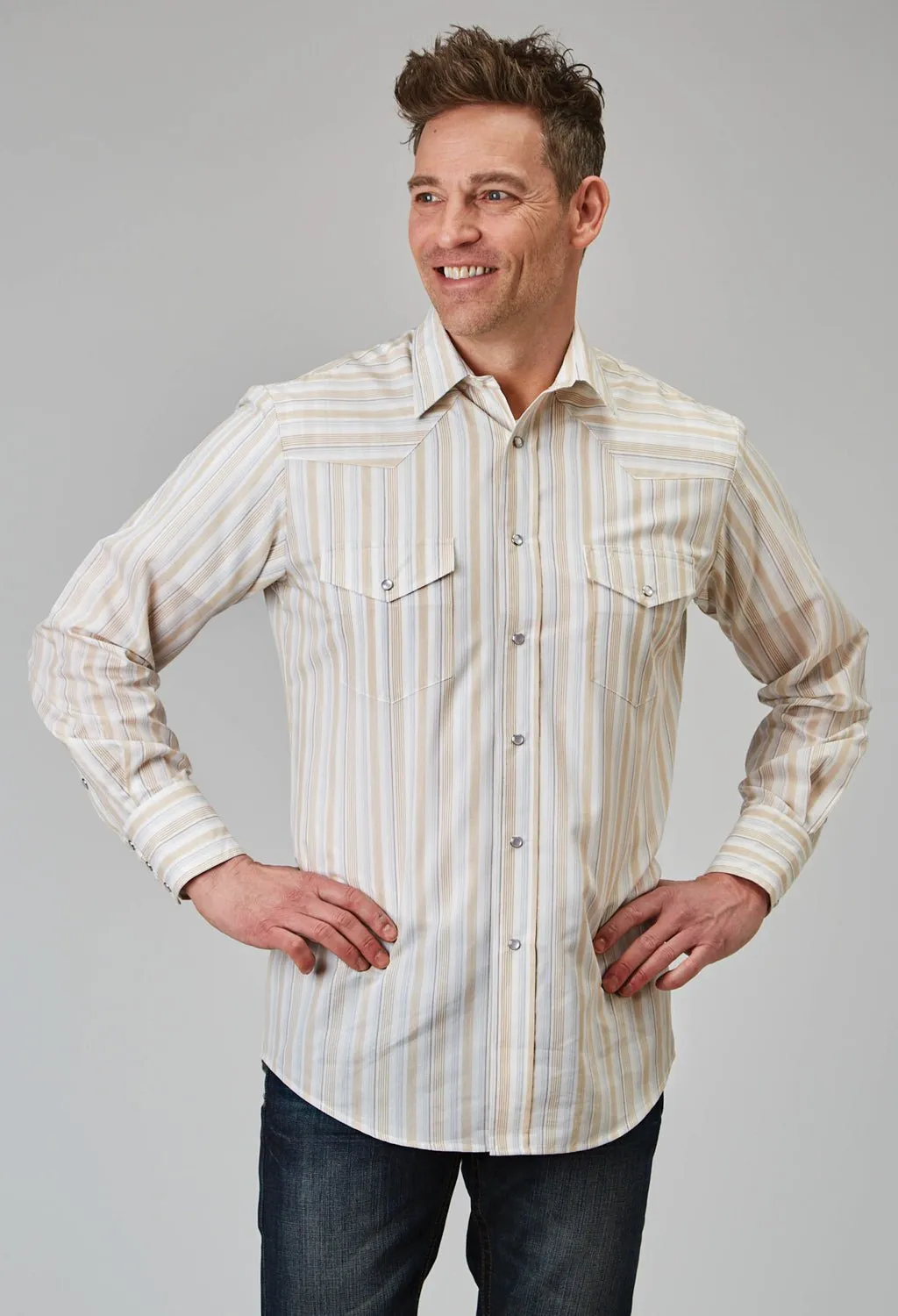 Street Style Bold Prints Roper Mens 1961 Neutral Stripe White Poly/Cotton L/S Shirt