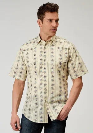 Roper Mens 1963 Floral Stripe Yellow Cotton Blend S/S Shirt Chic Vibes Streamlined Design Checkered Style Roper Mens 1963 Floral Stripe Yellow Cotton Blend S/S Shirt