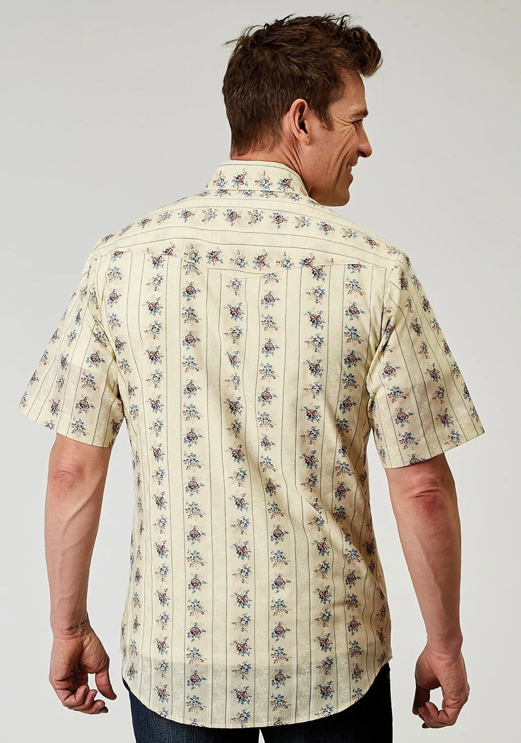 All-Weather Ready Roper Mens 1963 Floral Stripe Yellow Cotton Blend S/S Shirt