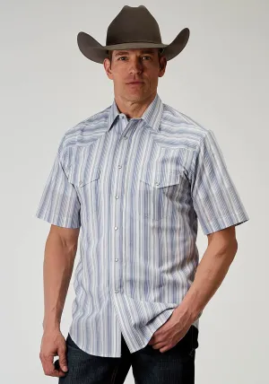 Roper Mens 1966 Blue Stripe Blue Cotton Blend S/S Shirt Chill Layer Roper Mens 1966 Blue Stripe Blue Cotton Blend S/S Shirt Easy Care