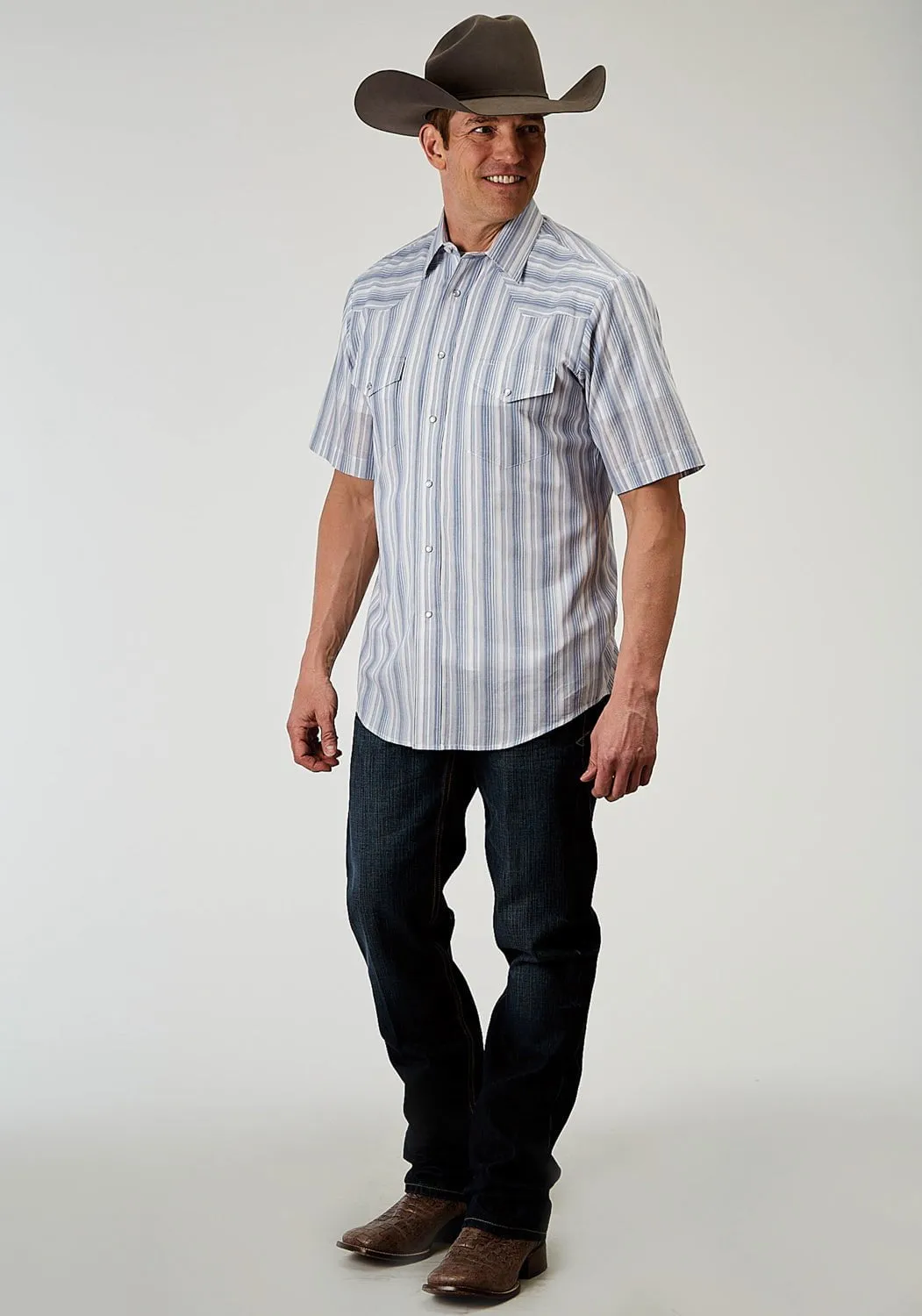 All-Weather Wear Multipurpose Layering Fabric Roper Mens 1966 Blue Stripe Blue Cotton Blend S/S Shirt