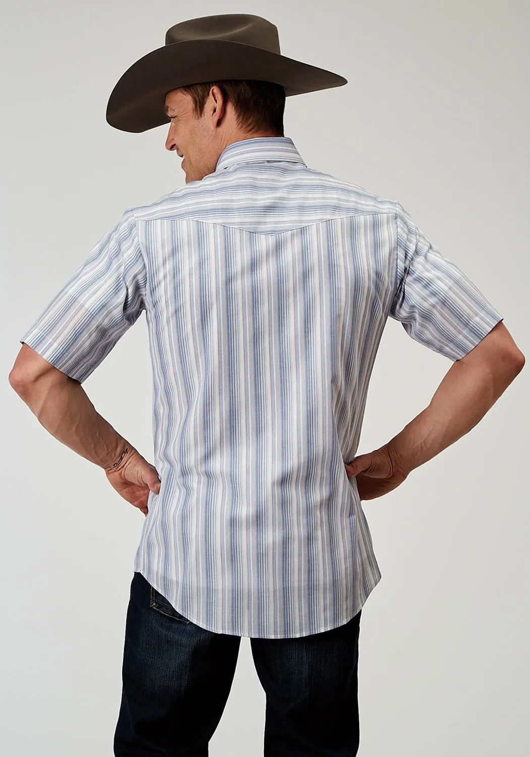 Roper Mens 1966 Blue Stripe Blue Cotton Blend S/S Shirt On-The-Go Style