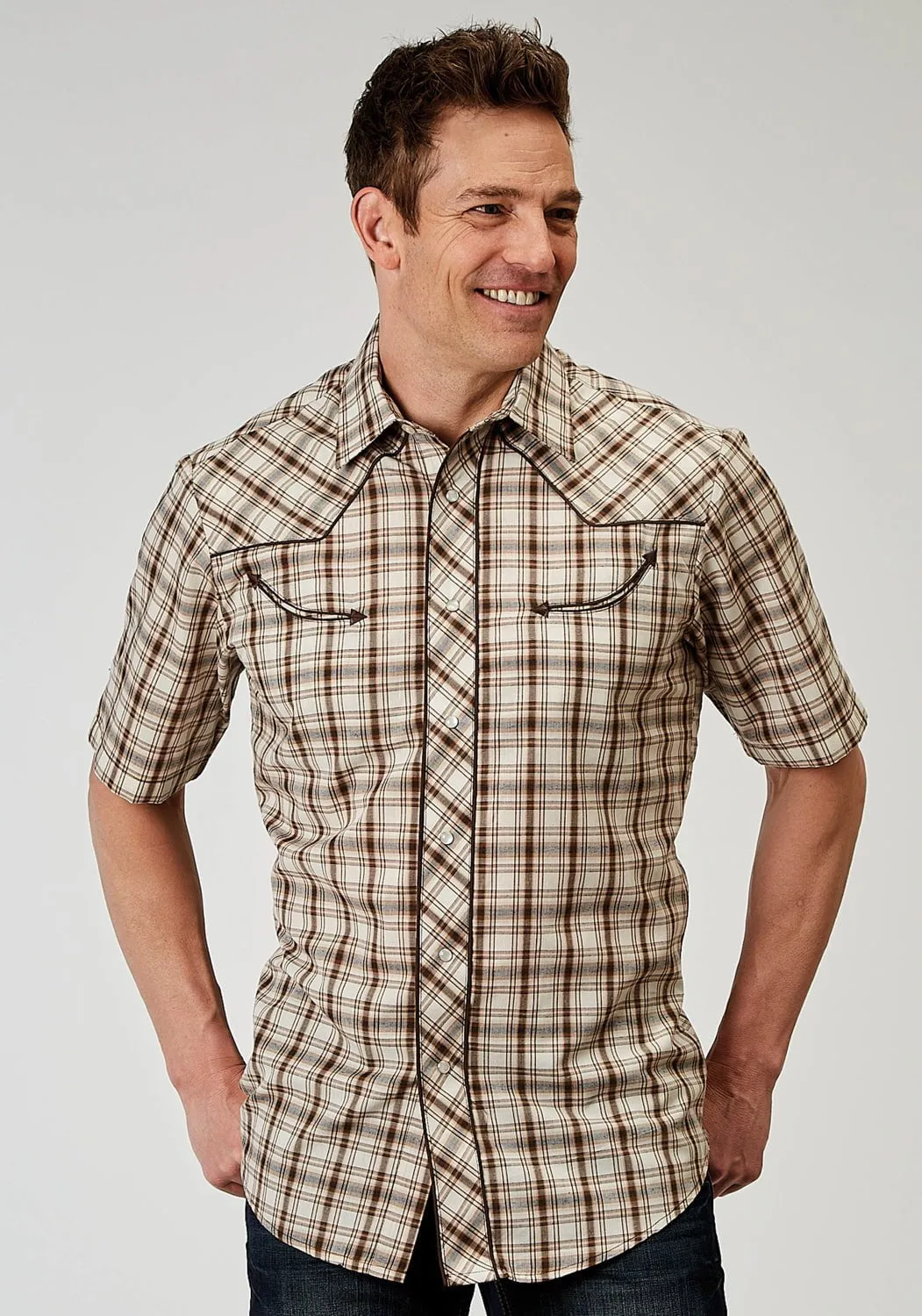 Roper Mens 1968 Desert Plaid Brown Cotton Blend Guitars S/S Shirt Anti Pilling Surface Lightweight texture