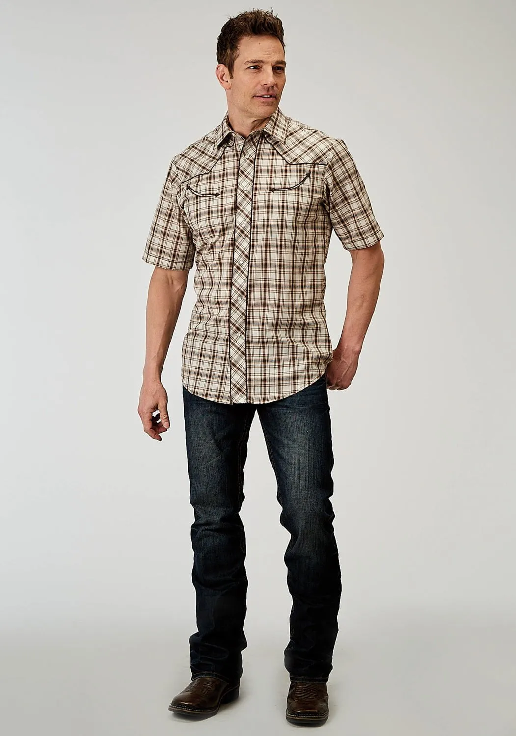Durable Material Roper Mens 1968 Desert Plaid Brown Cotton Blend Guitars S/S Shirt