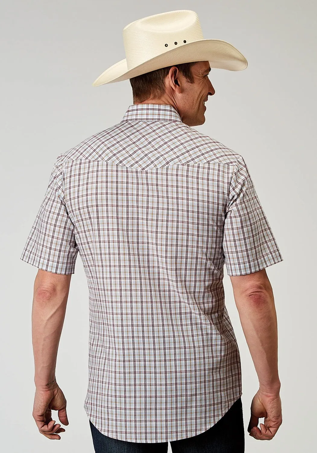 Roper Mens 1969 Vintage Plaid Cream Cotton Blend S/S Shirt Effortless Comfort