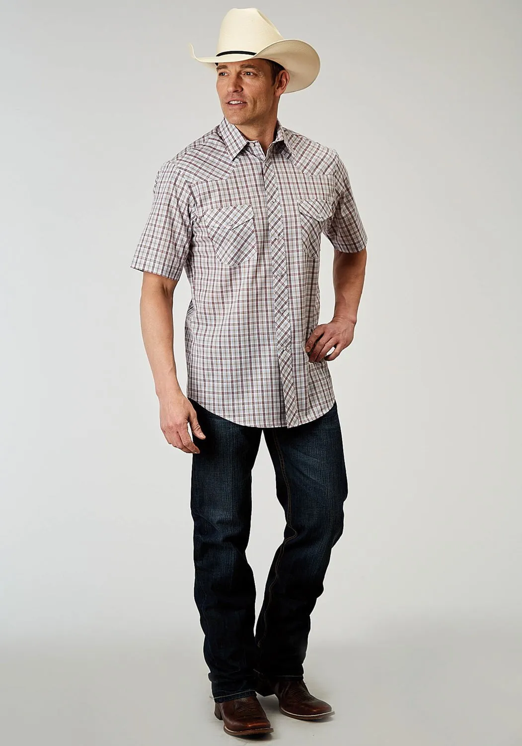 Workwear Approved Durable Buttons Roper Mens 1969 Vintage Plaid Cream Cotton Blend S/S Shirt