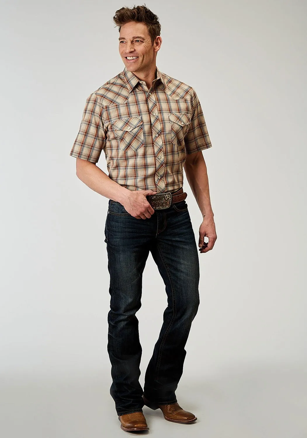 Casual Look Simple Elegance Roper Mens 1970 Brown Plaid Brown Cotton Blend S/S Shirt