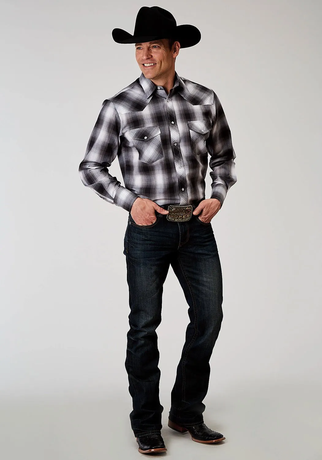 Advanced Moisture Management Chic Design Roper Mens 1972 Plaid Black Cotton Blend L/S Shirt