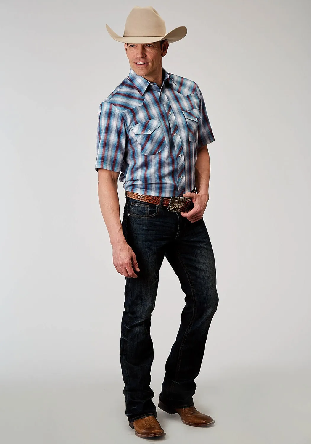 Roper Mens 1973 Americana Plaid Grey Cotton Blend S/S Shirt Timeless Wardrobe