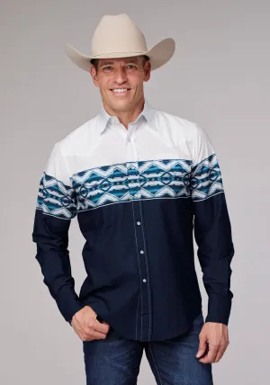 Roper Mens 1994 Aztec Border Blue 100% Cotton L/S Shirt Soft Touch Tailored Cut Chill Comfort Roper Mens 1994 Aztec Border Blue 100% Cotton L/S Shirt