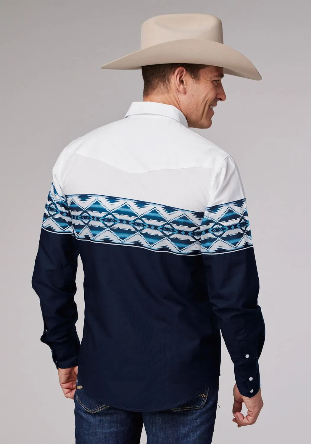 Roper Mens 1994 Aztec Border Blue 100% Cotton L/S Shirt adult clothing Modern Appeal