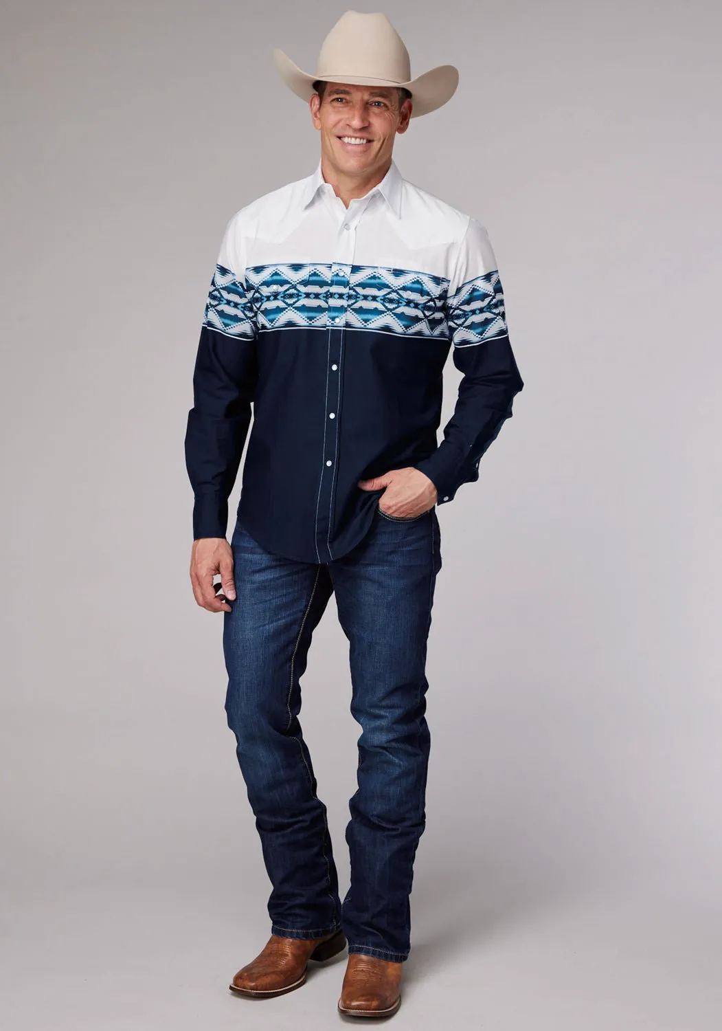 Artistic Design Minimalist Closure Roper Mens 1994 Aztec Border Blue 100% Cotton L/S Shirt