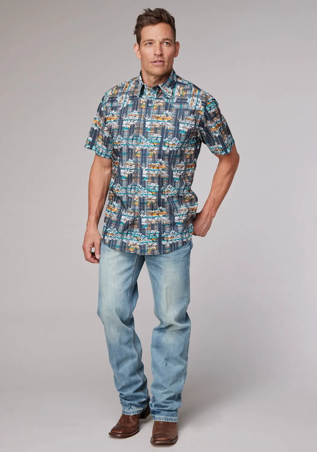 Roper Mens 2002 Distressed Tropical Grey 100% Cotton 1 Pkt S/S Shirt Morning Comfort Trendsetting Design