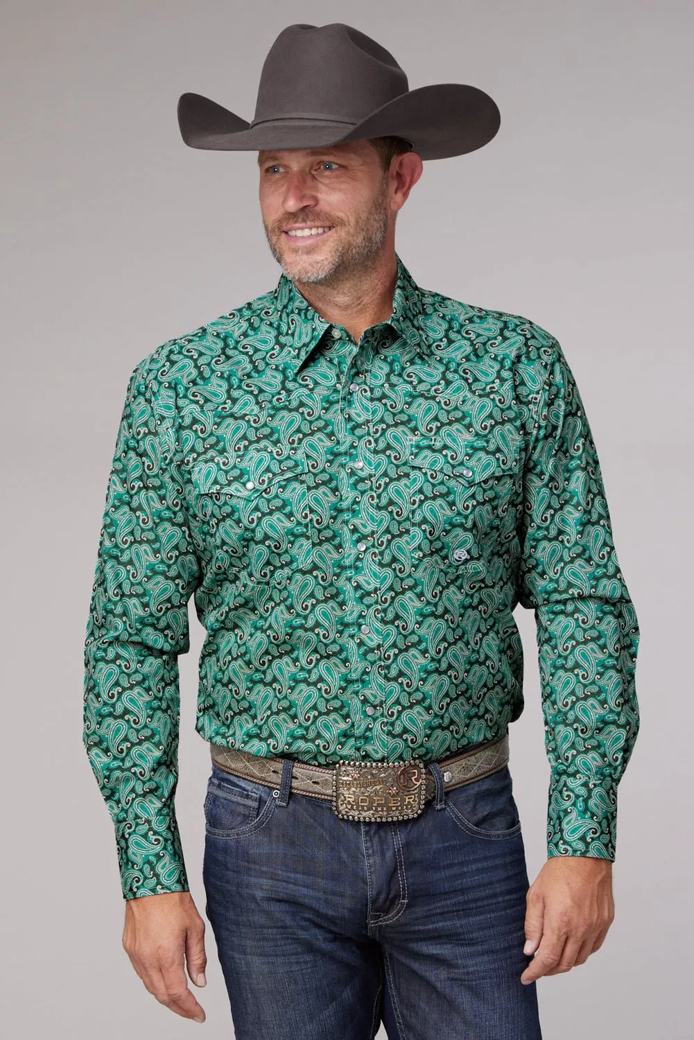 Thermoregulating Layer Wedding guest Roper Mens 2018 Jade Paisley Green 100% Cotton L/S Shirt
