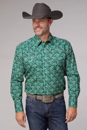 Roper Mens 2018 Jade Paisley Green 100% Cotton L/S Shirt Trendy Vibes Thermoregulating Layer Wedding guest Roper Mens 2018 Jade Paisley Green 100% Cotton L/S Shirt