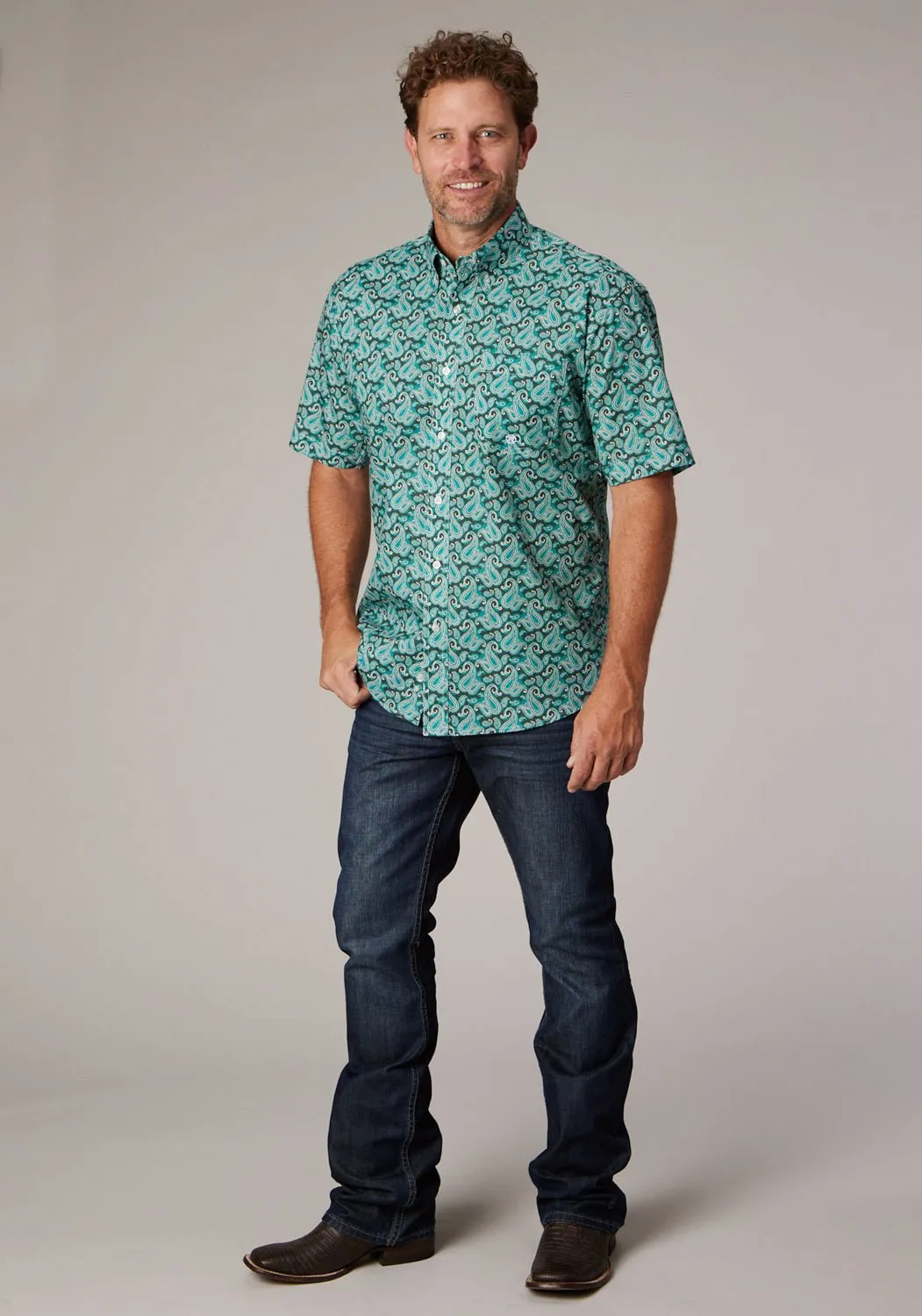 Traveler??s Choice Roper Mens 2018 Paisley Jade 100% Cotton 1 Pkt S/S Shirt