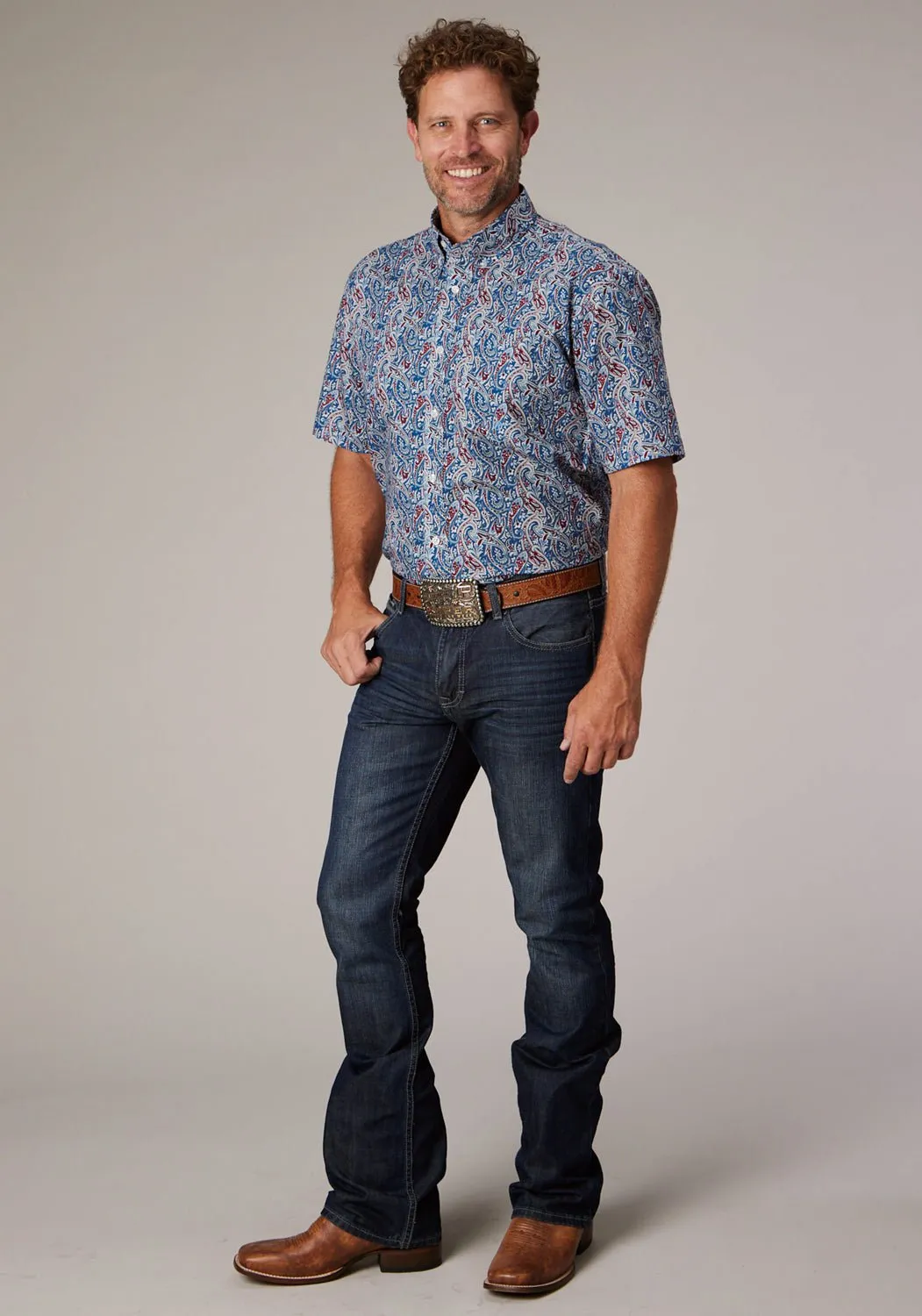 Roper Mens 2024 River Paisley Blue 100% Cotton 1 Pkt S/S Shirt Active Lifestyle Indoor Comfort
