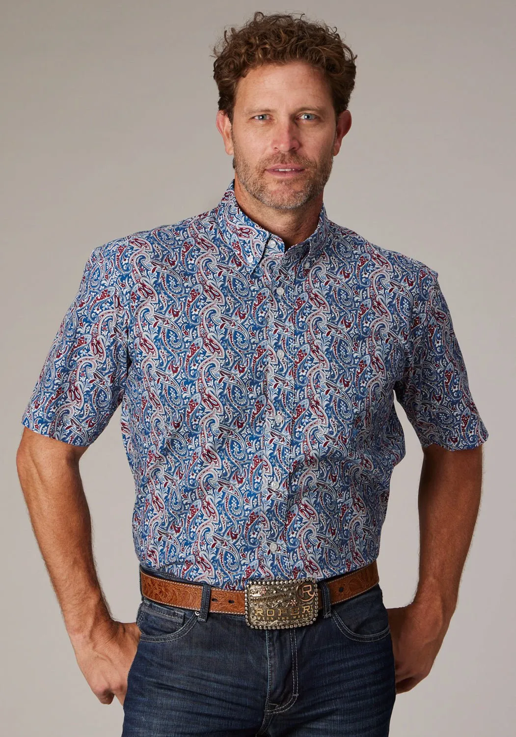 Flexible Placket Structure Poolside Lounge Roper Mens 2024 River Paisley Blue 100% Cotton 1 Pkt S/S Shirt