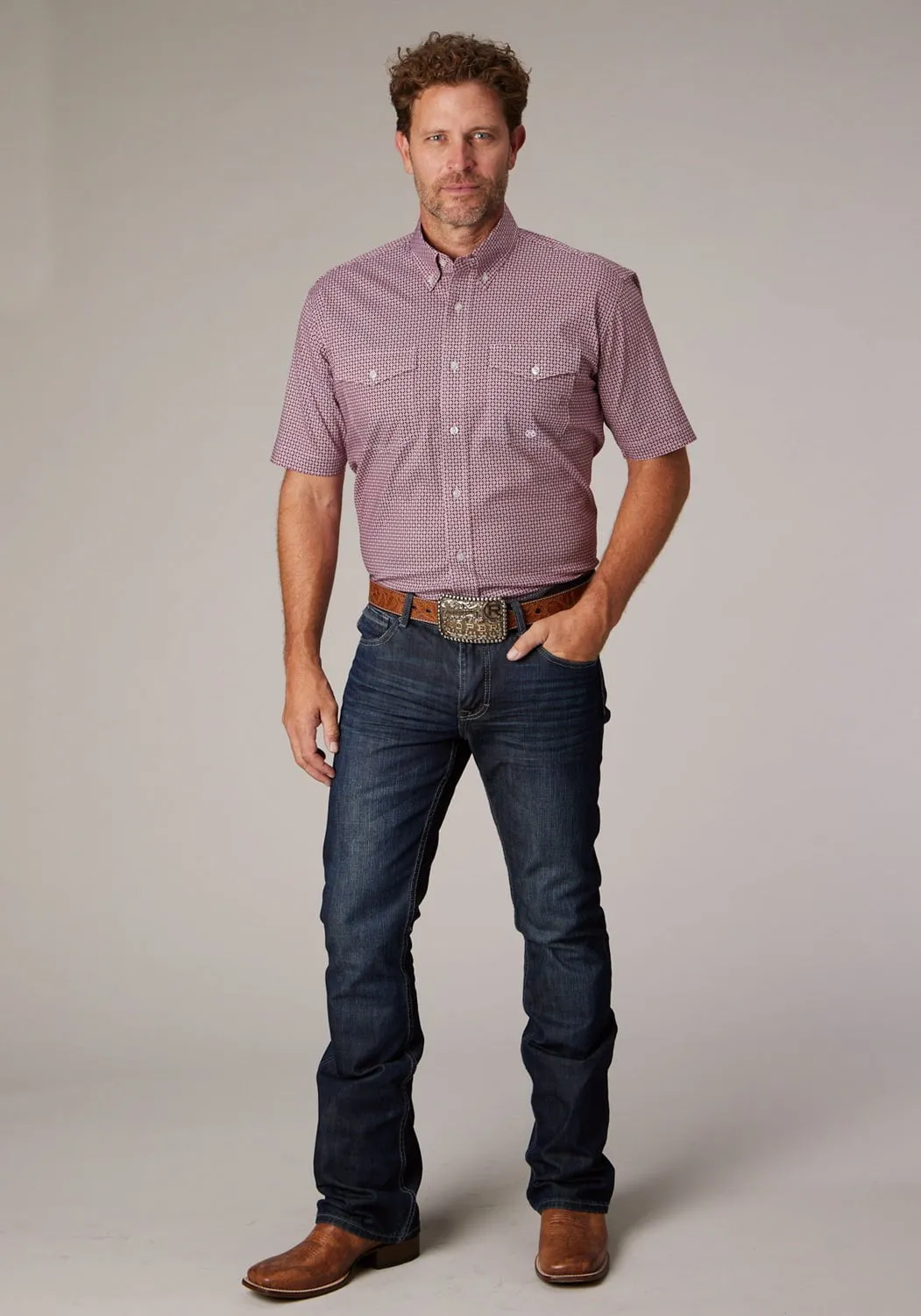 Non-irritating Roper Mens 2025 Stretch Neat Red Cotton Blend Btn S/S Shirt