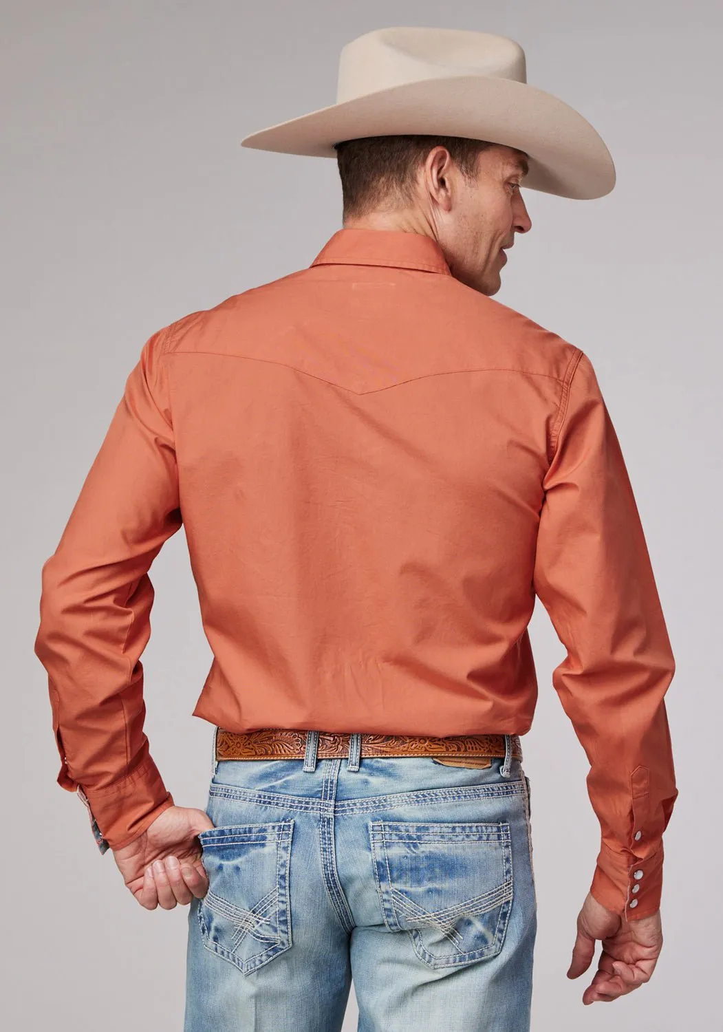 Roper Mens 2044 Solid Poplin Tangerine 100% Cotton L/S Shirt Odor control