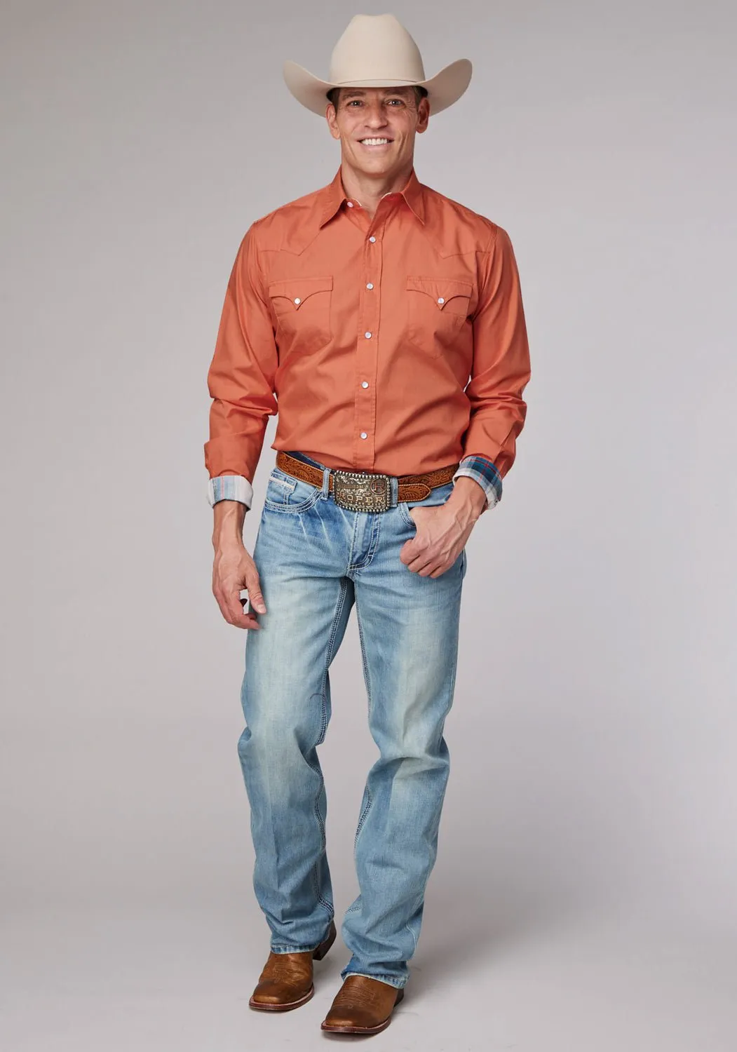 Roper Mens 2044 Solid Poplin Tangerine 100% Cotton L/S Shirt Layered Sleeve Cuffs Mesh Insert