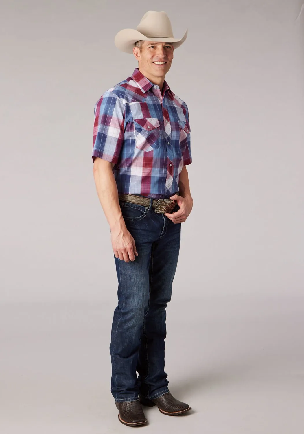 Polka Dot Roper Mens 2059 Lurex Plaid Red/White Cotton Blend S/S Shirt