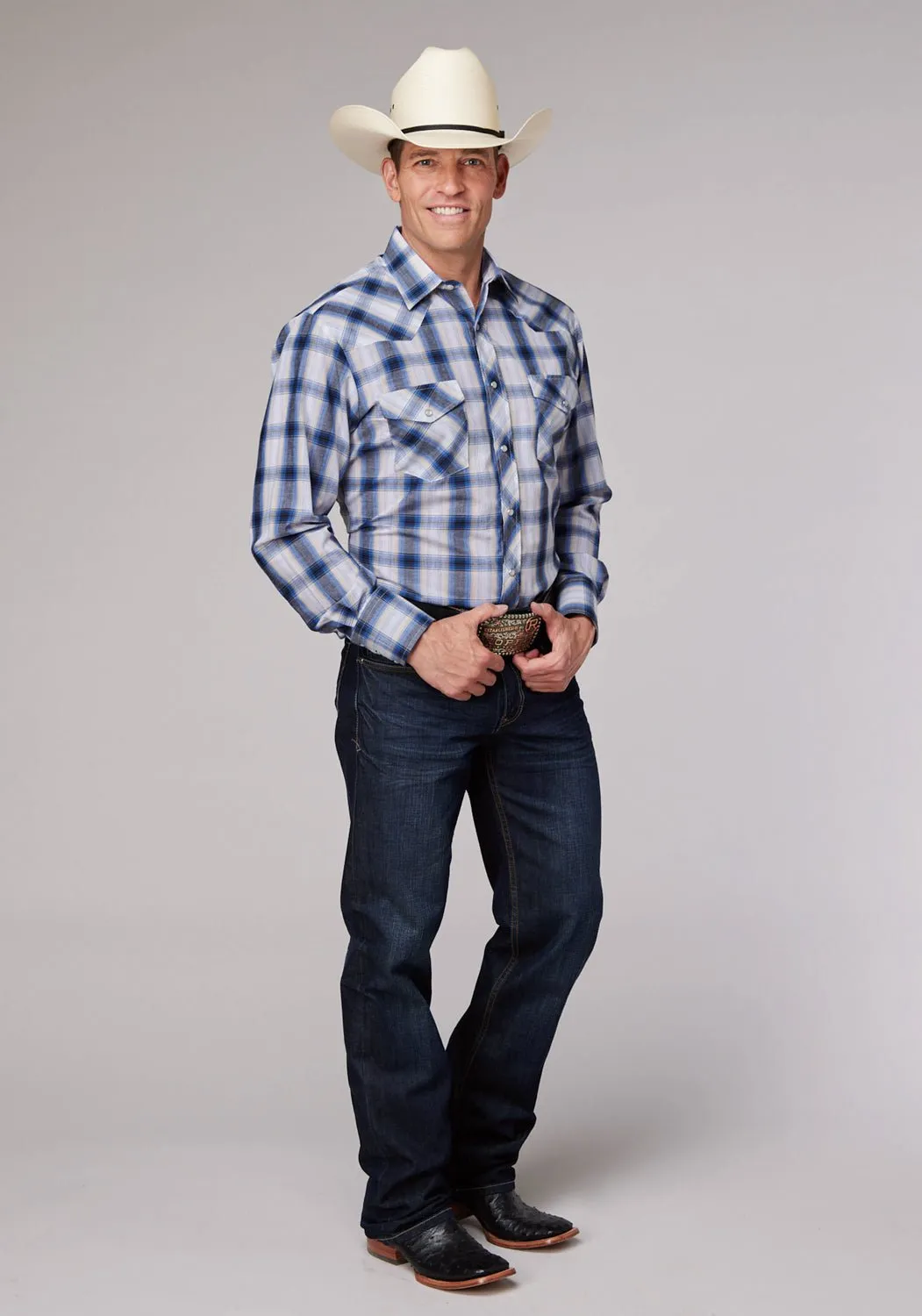 Roper Mens 2060 Plaid Navy/Cream Cotton Blend L/S Shirt Chambray Fabric