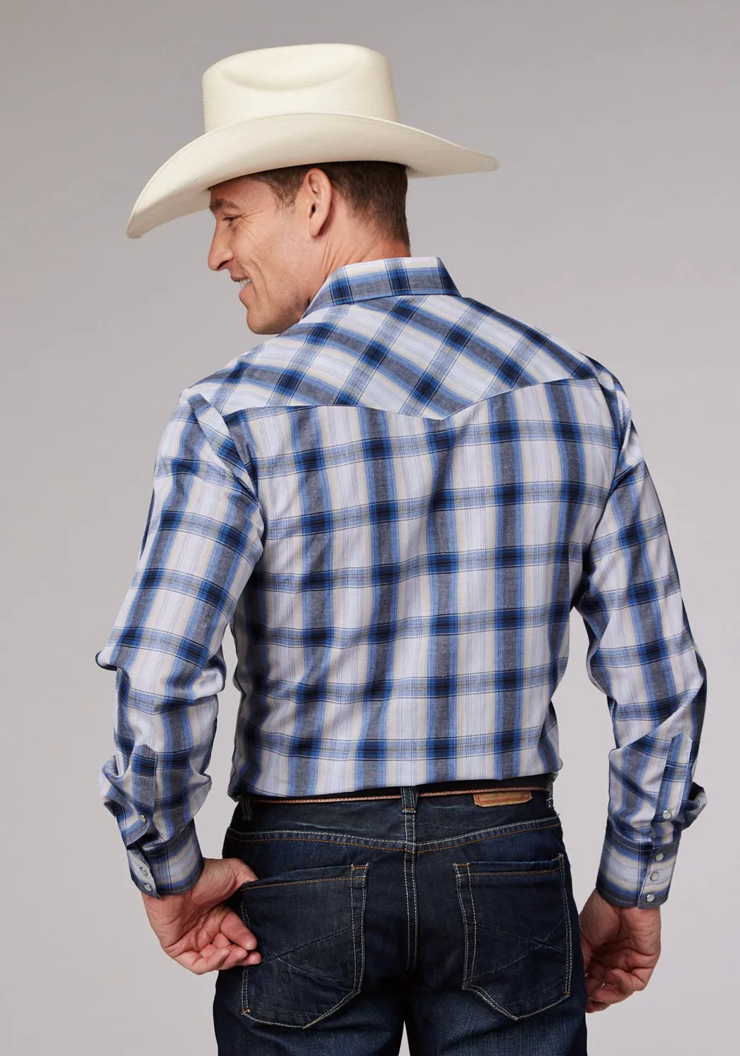 Non Restrictive Fit Roper Mens 2060 Plaid Navy/Cream Cotton Blend L/S Shirt