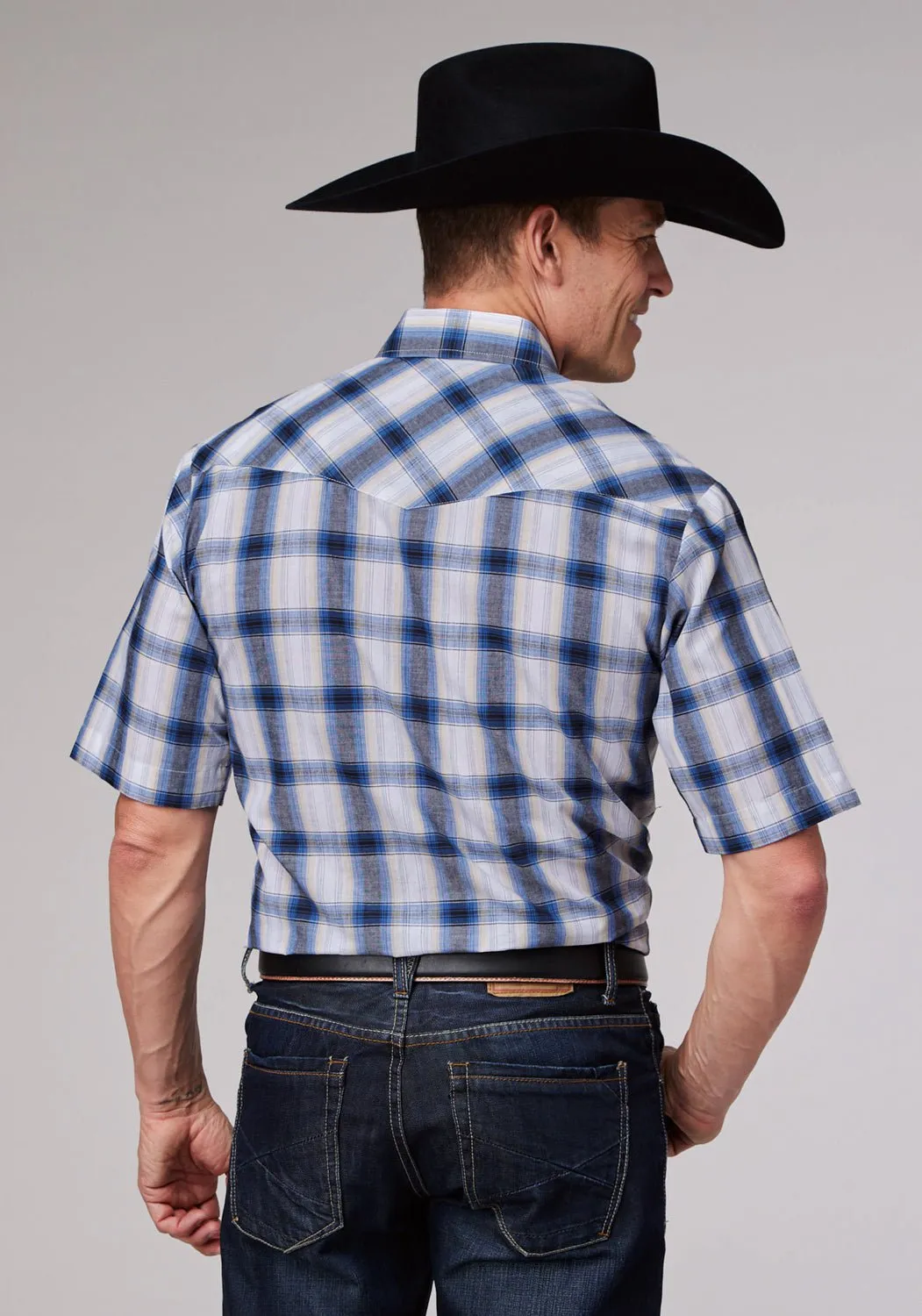 Roper Mens 2060 Plaid Navy/Cream Cotton Blend S/S Shirt Snug feel Backpacking Trip