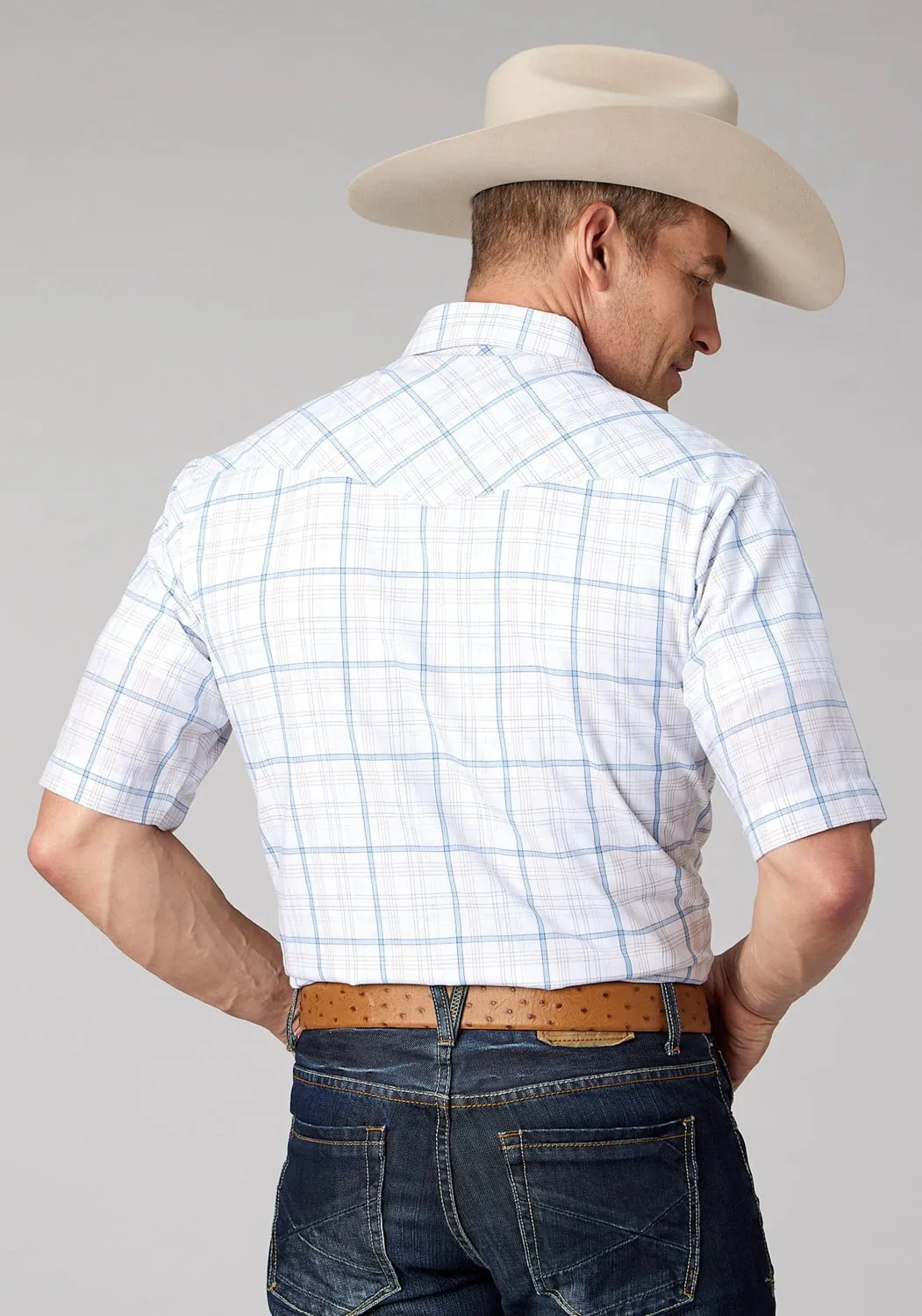 Roper Mens 2061 Windowpane Plaid White/Blue Cotton Blend S/S Shirt Chic Layer Everyday Look
