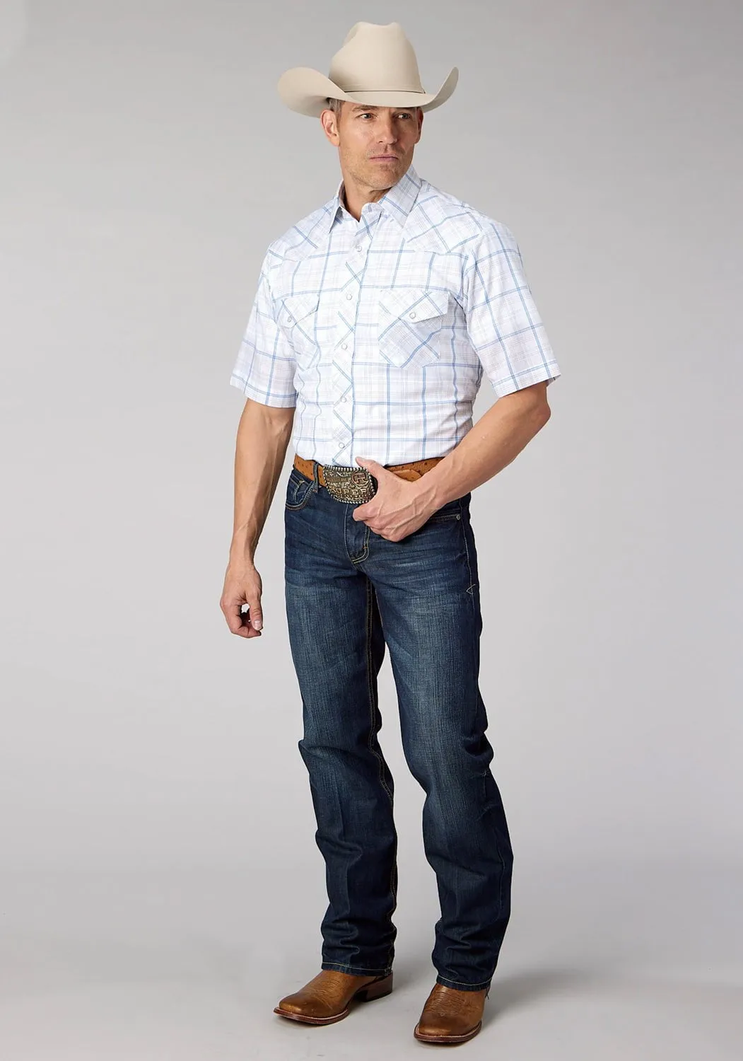 Simple Comfort Essential Wardrobe Roper Mens 2061 Windowpane Plaid White/Blue Cotton Blend S/S Shirt