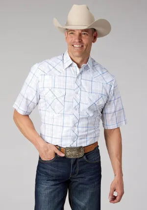 Roper Mens 2061 Windowpane Plaid White/Blue Cotton Blend S/S Shirt Customer Favorite Polished Finish Roper Mens 2061 Windowpane Plaid White/Blue Cotton Blend S/S Shirt