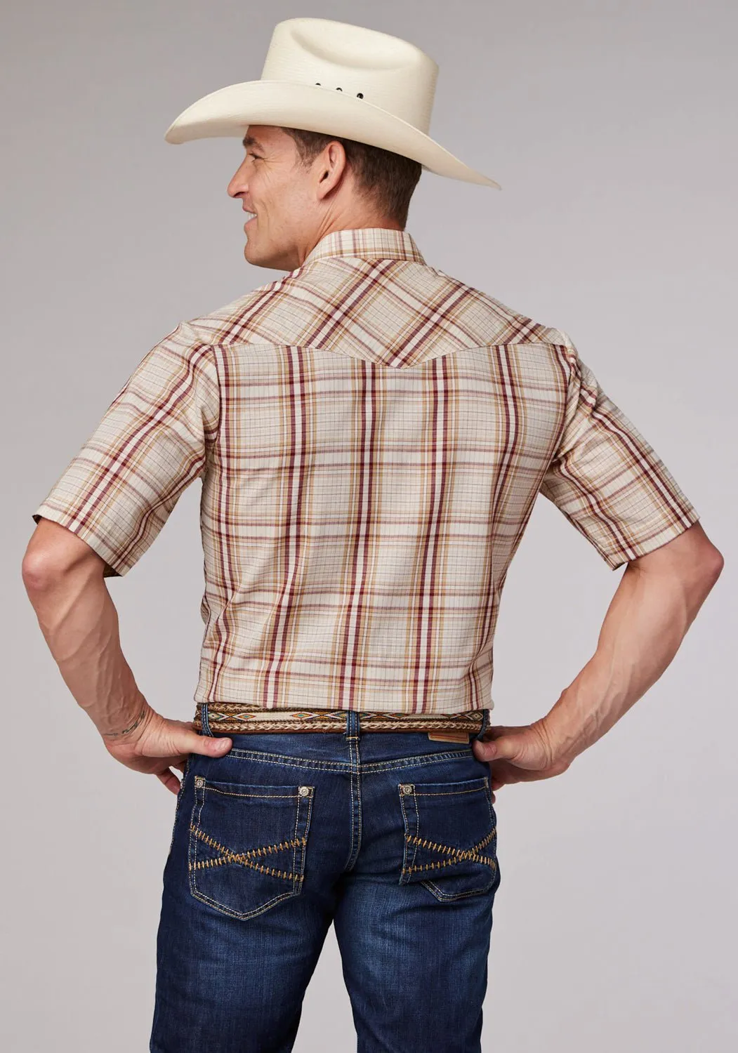 Roper Mens 2063 Plaid Tan/Cream Cotton Blend S/S Shirt Chill Comfort
