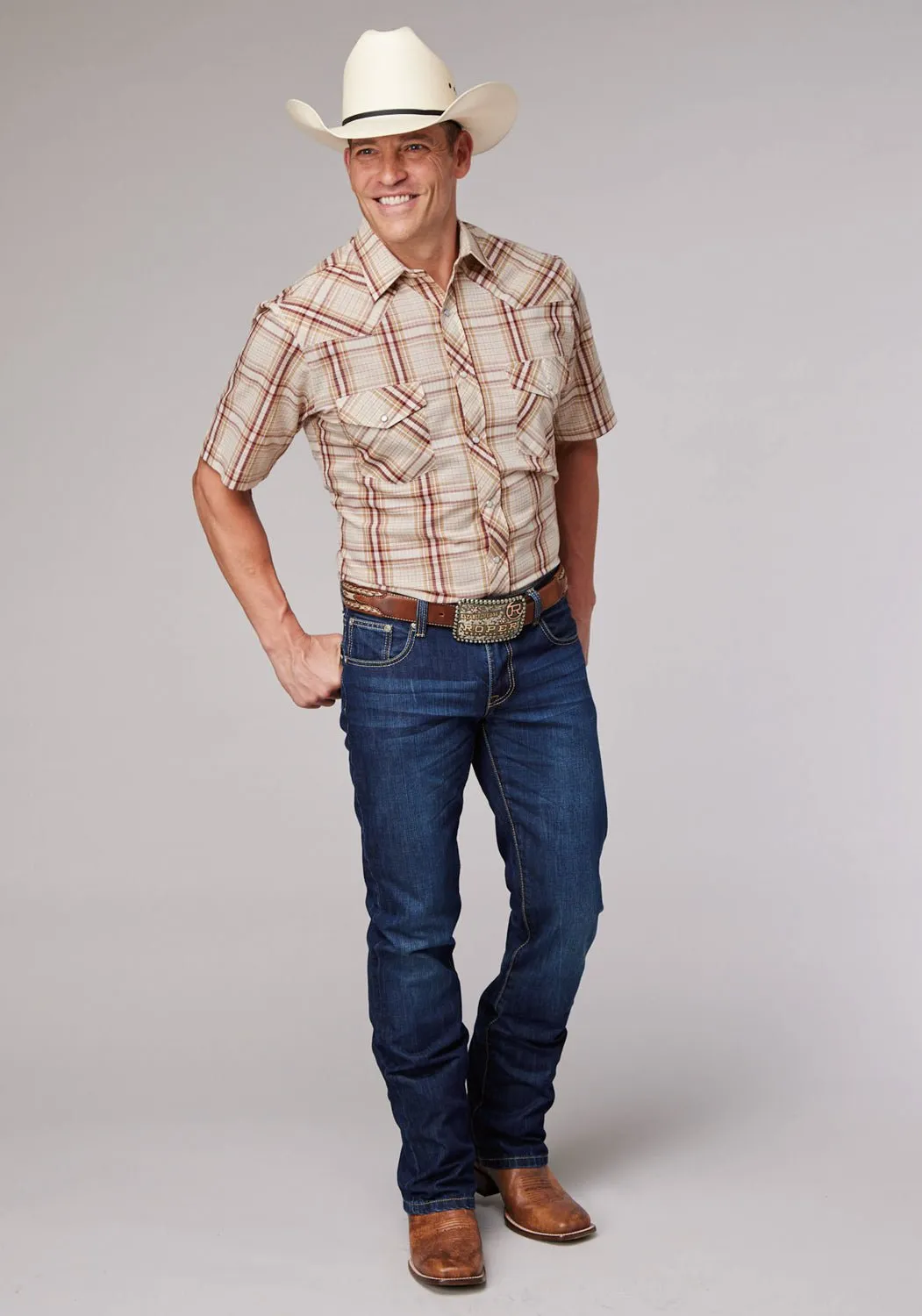 Roper Mens 2063 Plaid Tan/Cream Cotton Blend S/S Shirt Everyday Wear High-Quality Craftsmanship