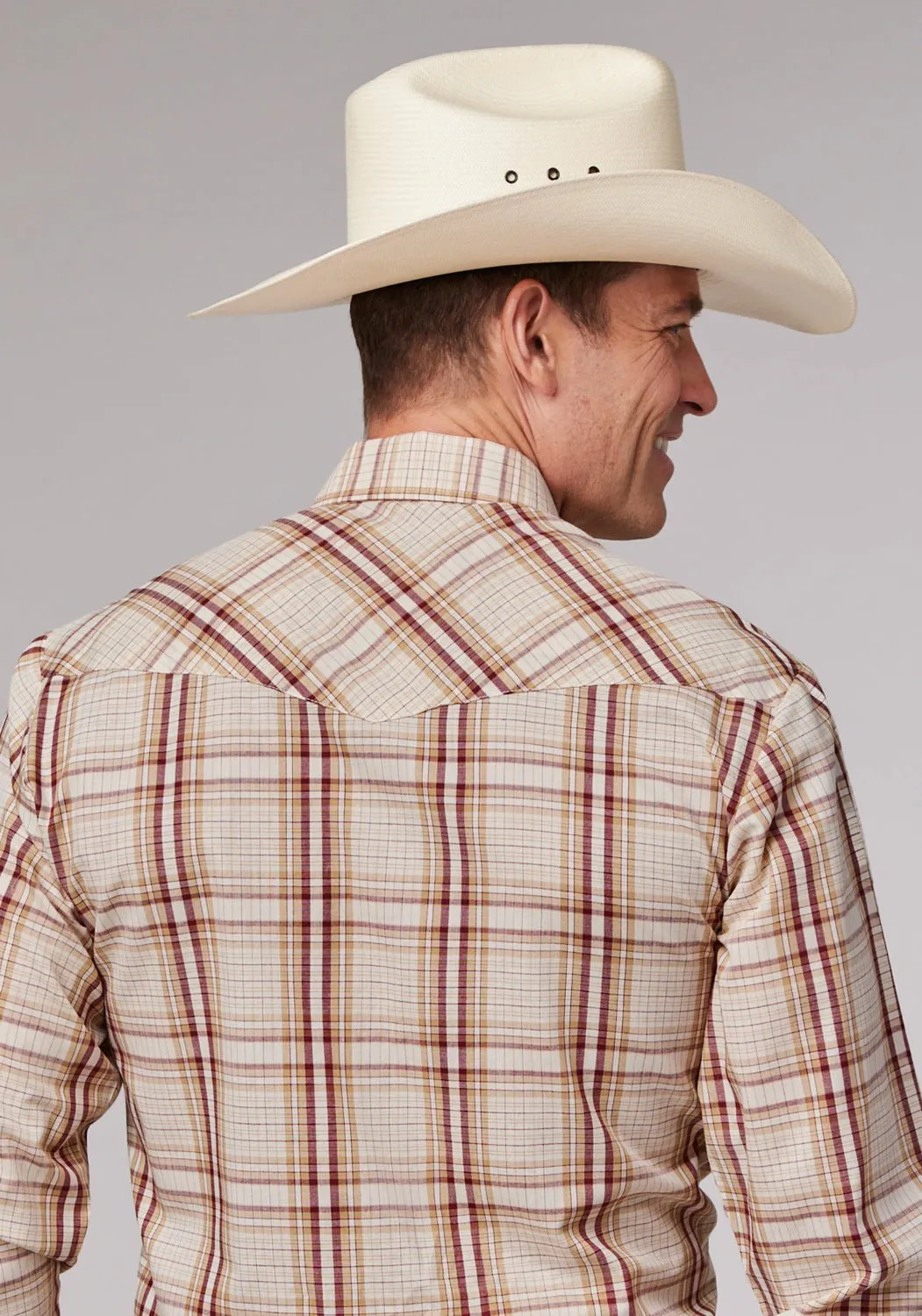 Roper Mens 2063 Tall Plaid Tan/Cream Cotton Blend L/S Shirt Chill Layer Classic Comfort