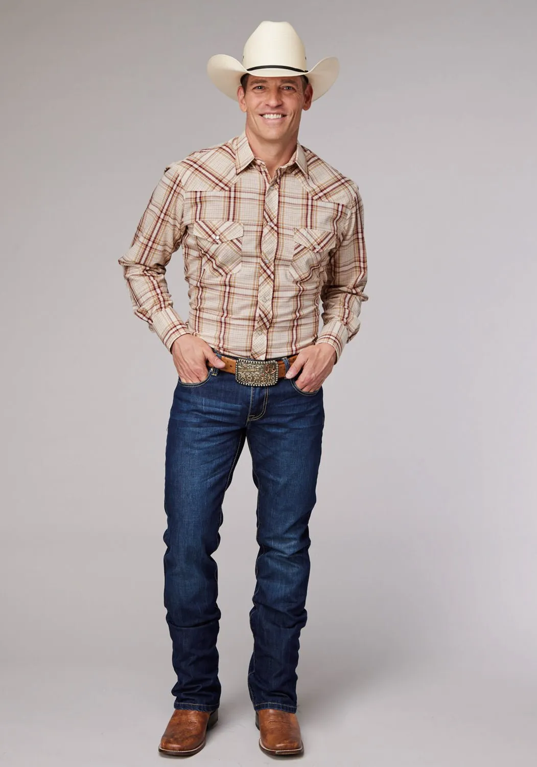 Summer Fashion Roper Mens 2063 Tall Plaid Tan/Cream Cotton Blend L/S Shirt