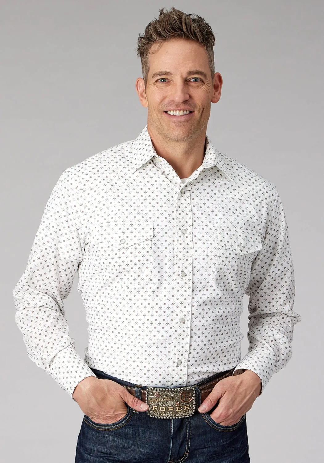 Reinforced Collar Summer Vibes Roper Mens 2065 Mini Floral Cream/Taupe Cotton Blend L/S Shirt