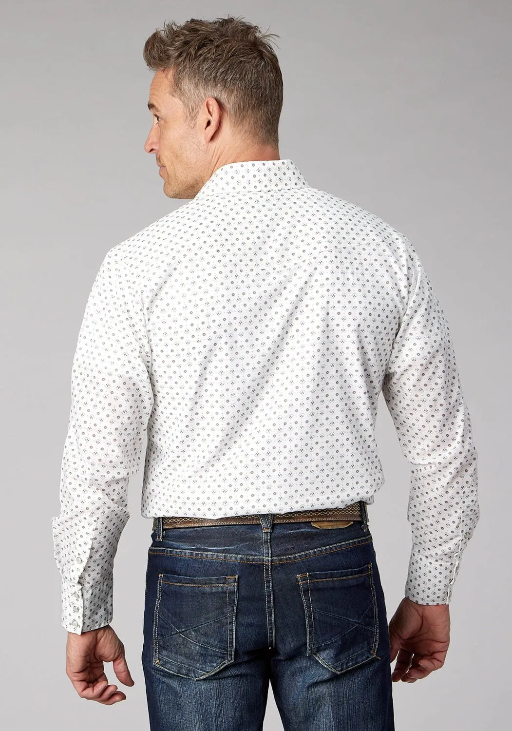 Roper Mens 2065 Mini Floral Cream/Taupe Cotton Blend L/S Shirt Cocktail Event Street Comfort