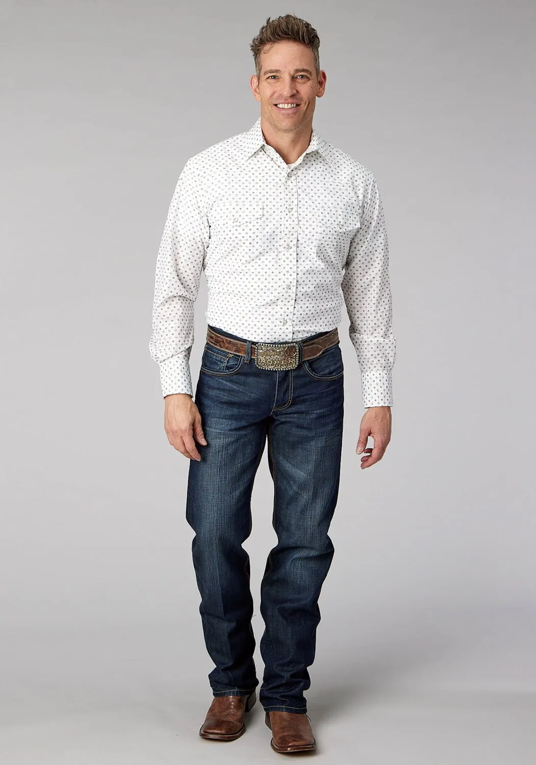 Essential Piece Smooth Texture Roper Mens 2065 Mini Floral Cream/Taupe Cotton Blend L/S Shirt