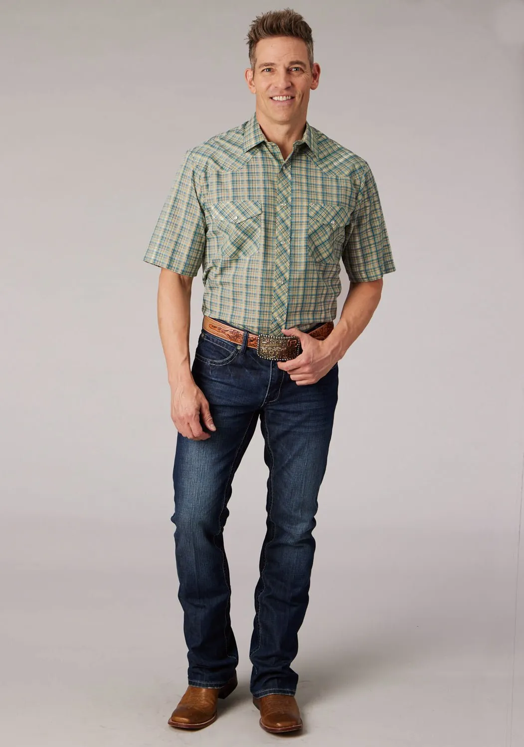 tall size Roper Mens 2075 Plaid White/Cream Cotton Blend S/S Shirt