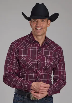 Roper Mens 2104 Plaid Wine/White Cotton Blend L/S Shirt Quick Release Buttons Roper Mens 2104 Plaid Wine/White Cotton Blend L/S Shirt Flexible Movement